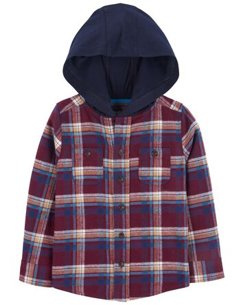 Hooded Button-Front Cozy Flannel Top, 