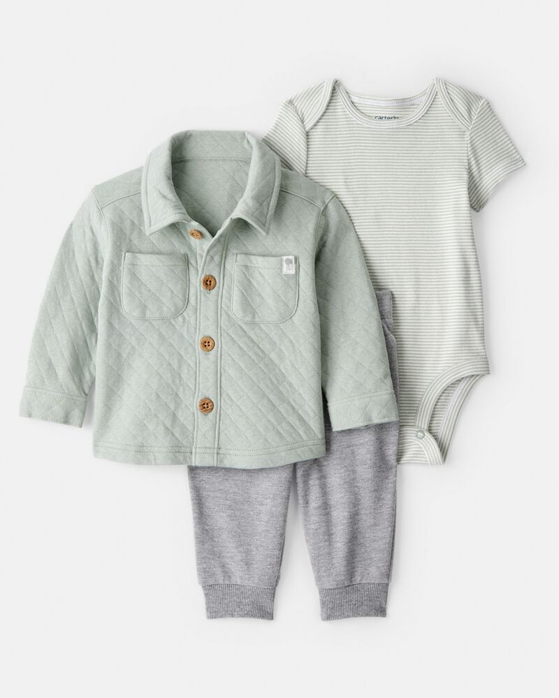 Baby Boy 3-Piece Quilted Jacket Outfit Set - Green, image 1 of 5 slides
