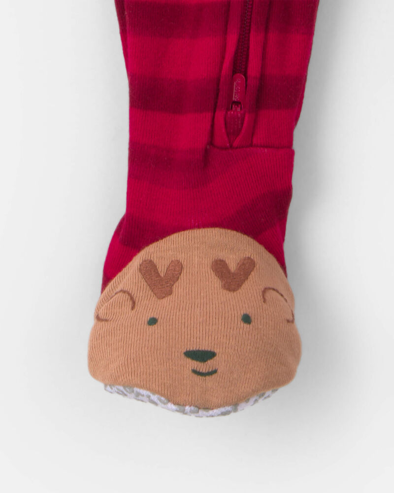 Toddler 1-Piece Striped Reindeer 100% Cotton Snug Fit Footed Pyjama - Red, image 3 of 5 slides