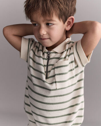 Toddler Boy Zip-Up Polo in Stripes - Cream, 