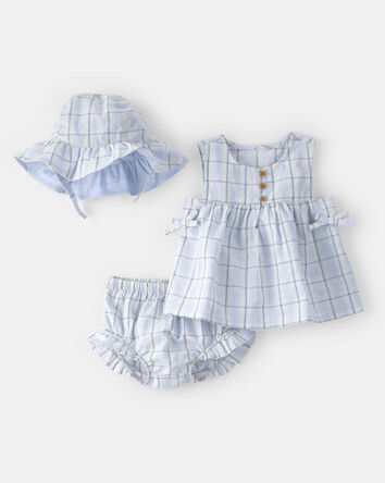 B&eacute;b&eacute; fille - Ensemble 3 pi&egrave;ces short, haut et chapeau &agrave; motif vichy - Bleu, 