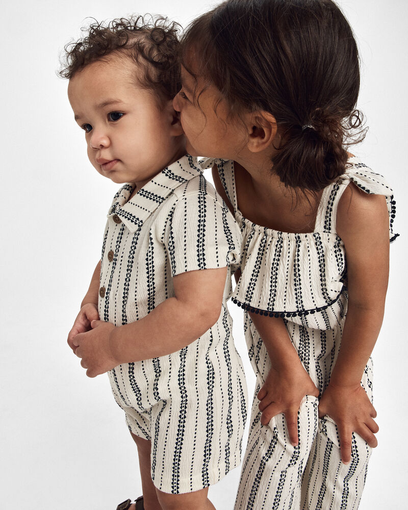 Baby Boy Striped Short-Sleeve Romper - Black/Ivory, image 3 of 5 slides
