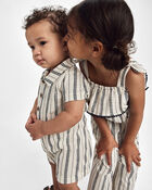Baby Boy Striped Short-Sleeve Romper - Black/Ivory, image 3 of 5 slides