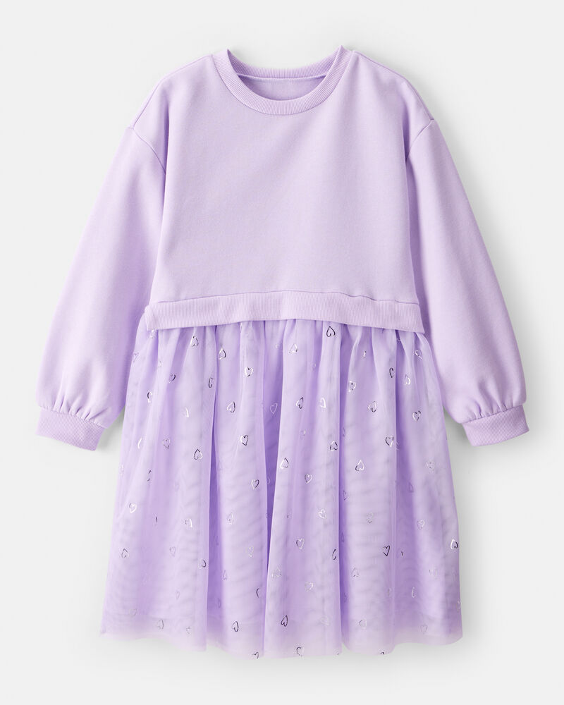 Girls Metallic Heart Long-Sleeve Tulle Dress - Purple, image 1 of 4 slides