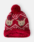 Toddler Boy Reindeer Print Winter Hat & Mittens Set, image 2 of 3 slides