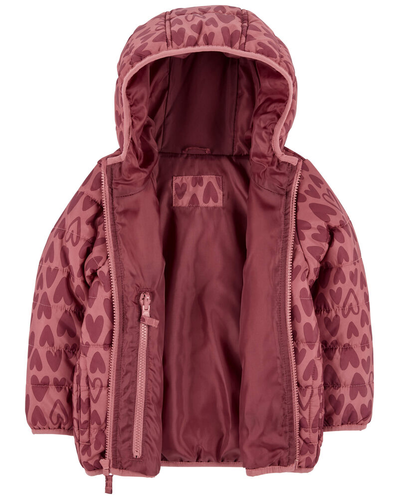 Toddler Heart Print Packable Puffer Jacket, image 2 of 6 slides