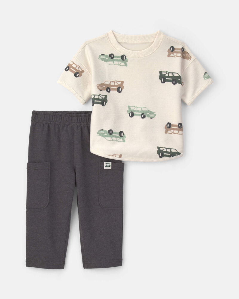 B&eacute;b&eacute; gar&ccedil;on - Ensemble 2 pi&egrave;ces haut manches courtes en jersey bouclette et pantalon &agrave; motif de voitures - Cr&egrave;me/Gris, image 1 sur 4 diapositives