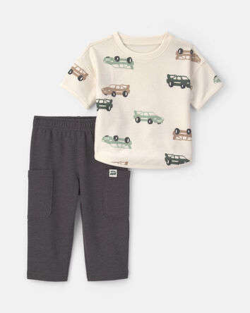 Baby Boy 2-Piece Car French Terry Short-Sleeve Top & Pant Set &ndash; Cream/Grey, 