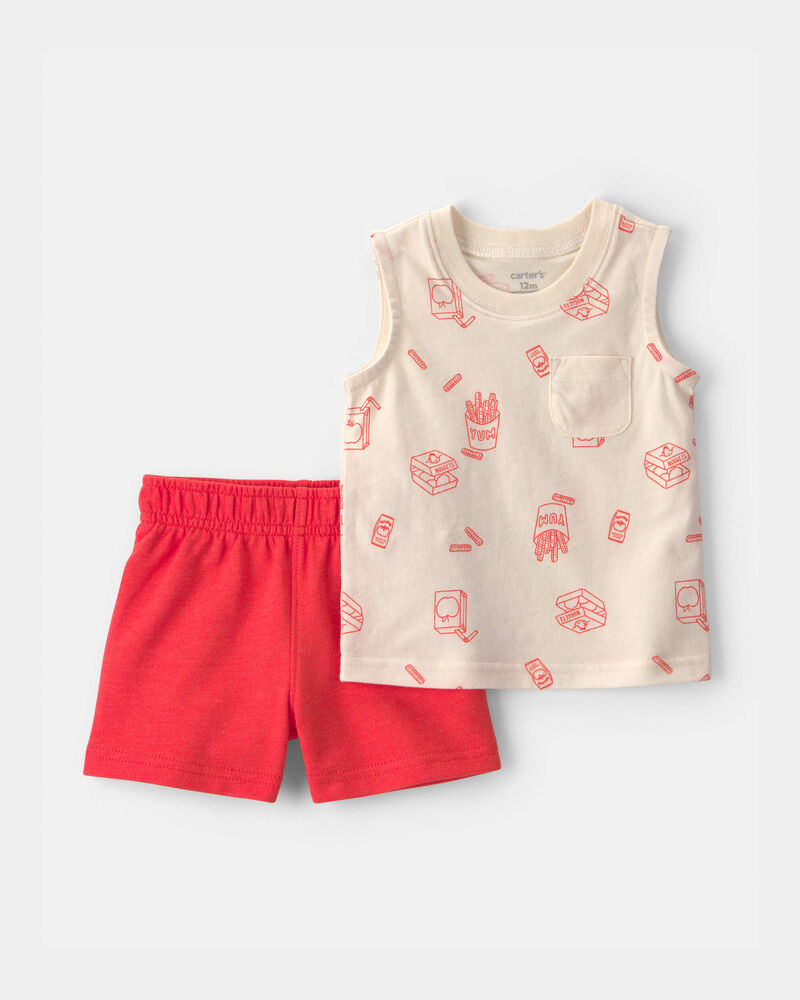 B&eacute;b&eacute; gar&ccedil;on - Ensemble 2 pi&egrave;ces haut et short &agrave; motif collation - Cr&egrave;me/Rouge, image 1 sur 2 diapositives