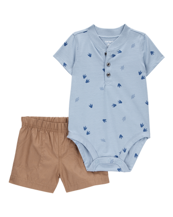 Baby 2-Piece Dinosaur Footprint Bodysuit & Short Set - Blue/Brown, 