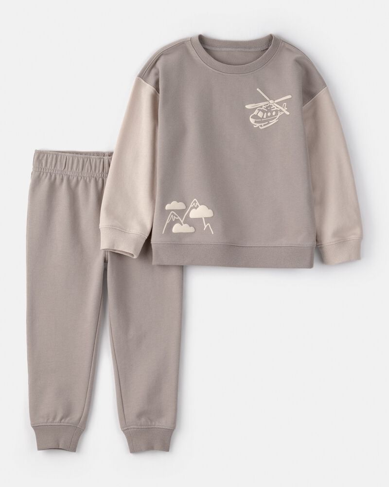 Toddler Boy Helicopter French Terry Sweatshirt & Pant Set - Grey, image 1 of 5 slides