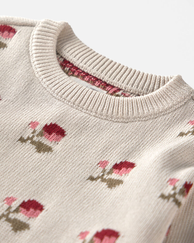 Toddler Girl Organic Cotton Sweater Knit Pullover in Floral Jacquard, image 3 of 4 slides