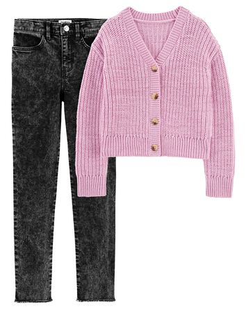 Kid 2-Piece Cardigan and Skinny High-Rise Jeans Set, 