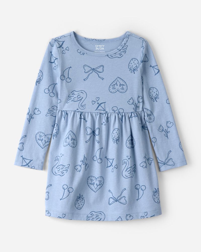 Toddler Girl Bow Icon Long-Sleeve Knit Dress - Blue, image 1 of 4 slides