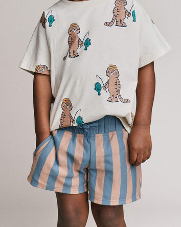 Toddler Boy Long-Line Short in Stripes - Slate/Brown, 