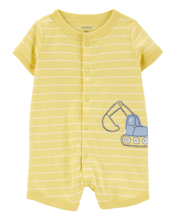 Bébé garçon - Barboteuse rayée à manches courtes en coton à motif de construction - Jaune, 