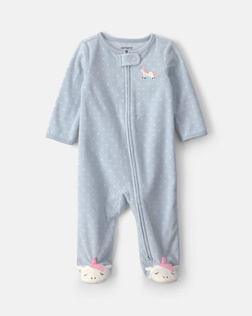 Baby Girl Unicorn Fleece 2-Way Zip Sleepers - Blue, 