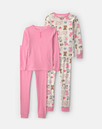 Girls 4-Piece Pets 100% Cotton Snug Fit Pyjama Set - Pink/Cream, 