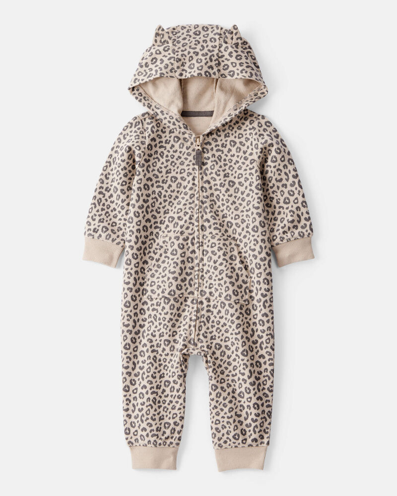 Baby Girl Cat Leopard Print Cotton Long-Sleeve Hooded Jumpsuit - Brown, image 1 of 3 slides