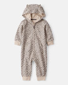 Baby Girl Cat Leopard Print Cotton Long-Sleeve Hooded Jumpsuit - Brown, image 1 of 3 slides