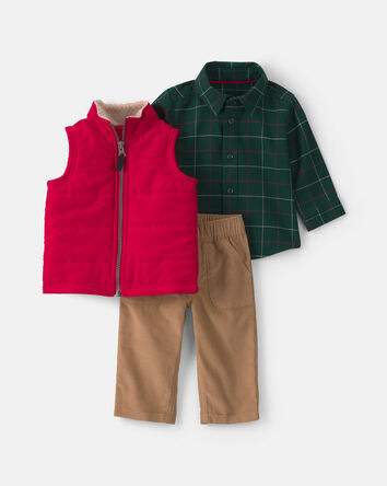 Baby Boy 3-Piece Plaid Twill Long-Sleeve Layering Set - Red/Green/Khaki, 