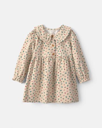 Toute-petit fille - Robe &agrave; manches longues et grand col en velours c&ocirc;tel&eacute; &agrave; motif floral - Cr&egrave;me, 