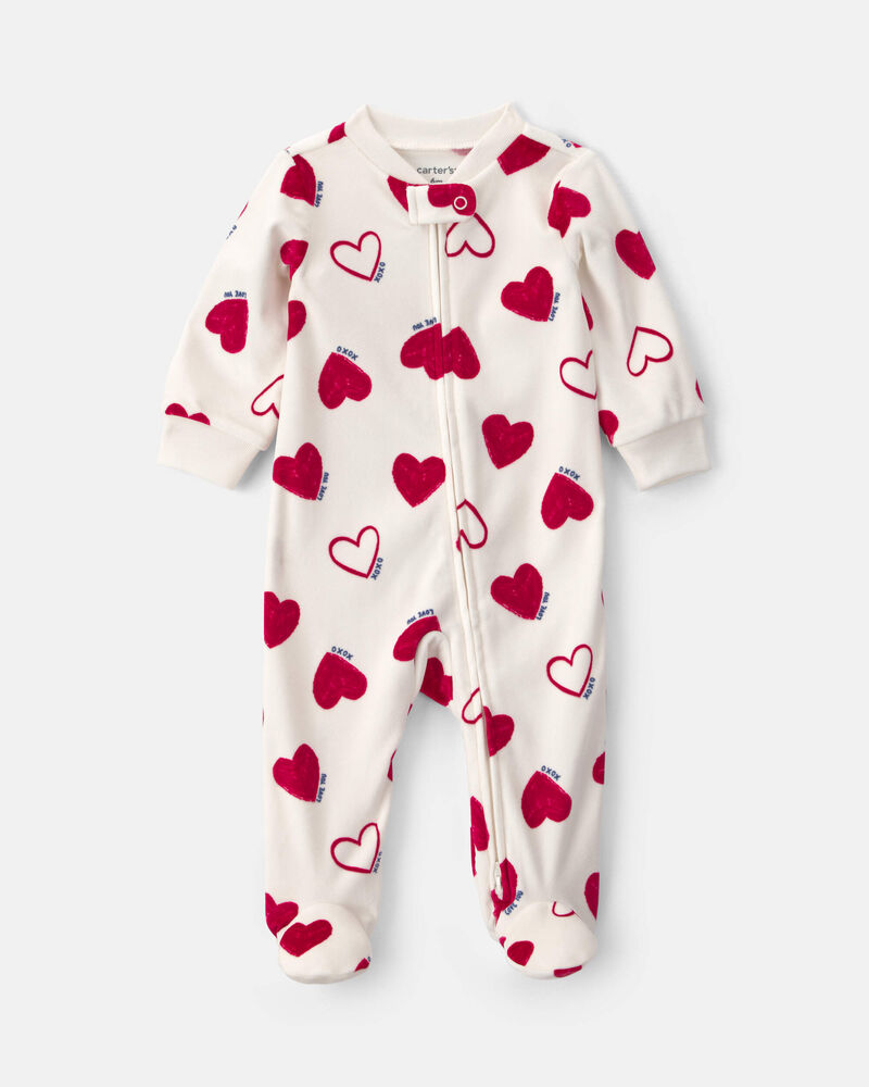 B&eacute;b&eacute; - Grenouill&egrave;re velout&eacute;e &agrave; fermeture &agrave; glissi&egrave;re double sens de la Saint-Valentin &ndash; Cr&egrave;me/Rouge, image 1 sur 5 diapositives