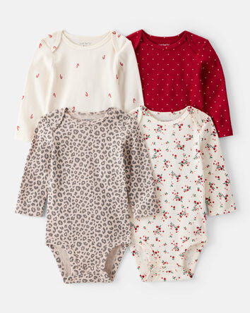 Baby Girl 4-Pack Leopard Print Cotton Long-Sleeve Multipack Bodysuits - Red/White, 