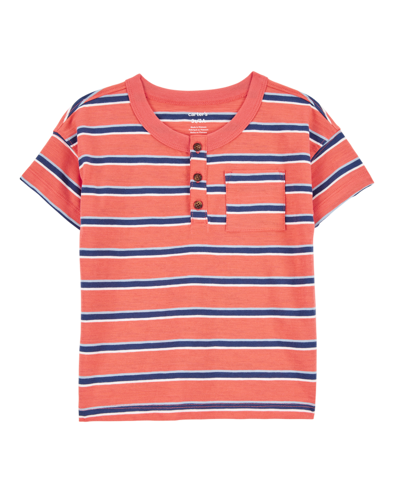 Toddler Striped Cotton Short-Sleeve Henley - Orange, image 1 of 3 slides