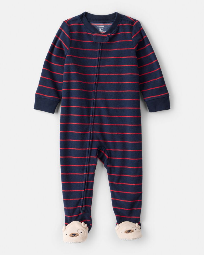 Baby Boy Dog Striped Fleece Loose Fit 1-Piece Pyjamas - Navy, image 1 of 4 slides