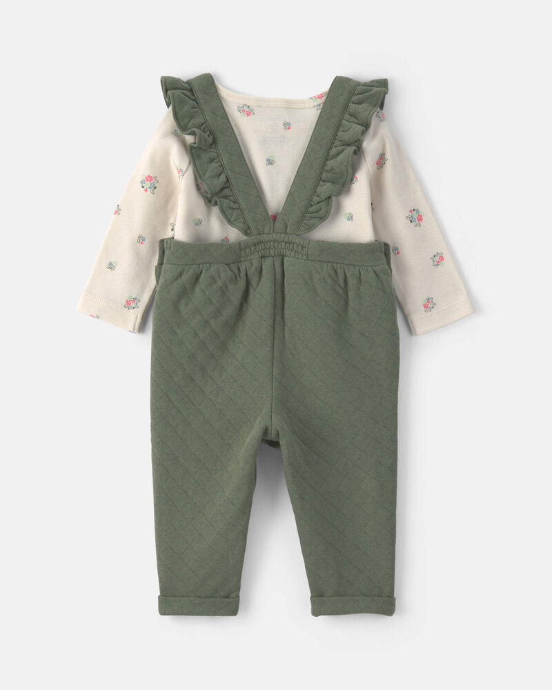 B&eacute;b&eacute; fille - Ensemble 2 pi&egrave;ces salopette piqu&eacute;e &ndash; Vert olive, image 2 sur 5 diapositives
