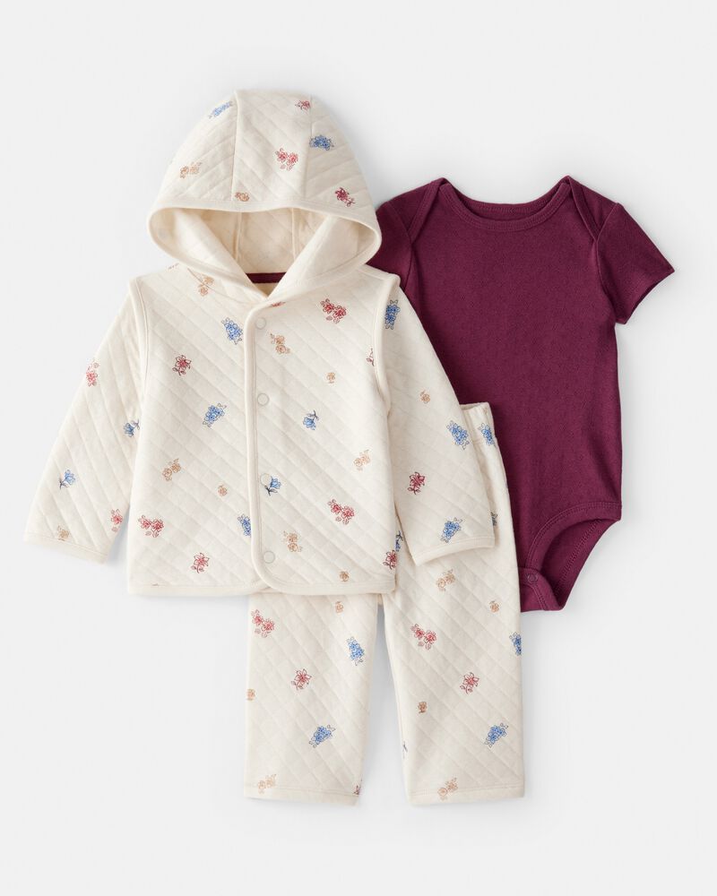 Baby Girl 3-Piece Floral Quilted Jacket Outfit Set - Maroon/Cream, image 1 of 4 slides