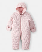 Baby Girl 1-Piece Heart Quilted Pram Snowsuit - Pink, image 1 of 3 slides