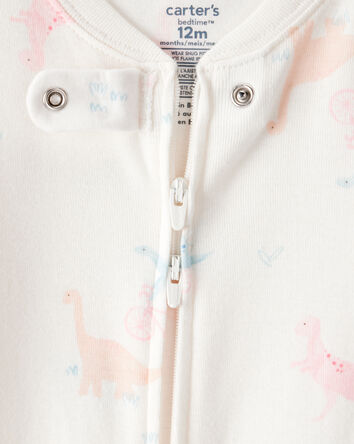 B&eacute;b&eacute; fille - Pyjamas une pi&egrave;ce &agrave; manches longues en coton 100 % avec imprim&eacute; de dinosaure - Blanc, fermeture &eacute;clair &agrave; double sens, 