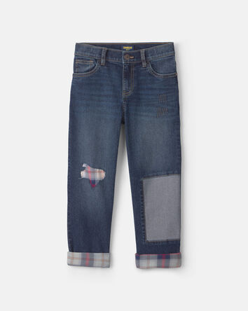 Boys Patched Denim Straight Jeans - Dark Wash, 