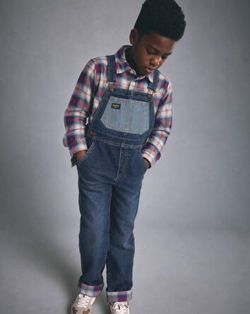 Boys Patched Denim Overalls - Blue, 