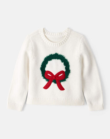 Toddler Girl Christmas Wreath Long-Sleeve Sweater - White, 