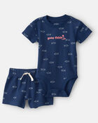 Baby Boy 2-Piece Fishing Herringbone Thermal Short-Sleeve Bodysuit & Short Set - Navy, image 1 of 4 slides