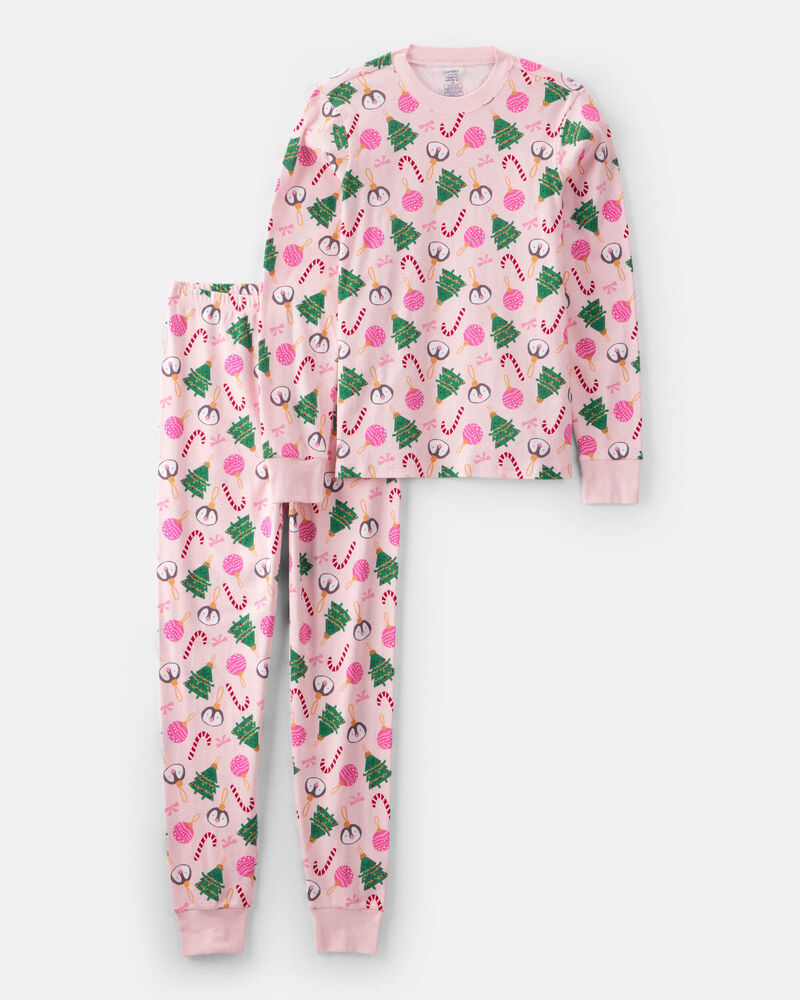 Adult Christmas Ornament Print 100% Cotton Long-Sleeve 2-Piece Pyjamas - Pink, image 1 of 3 slides