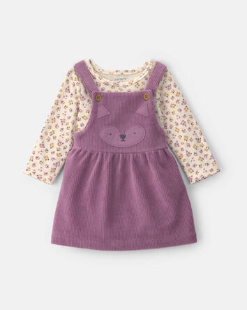 Baby Girl 2-Piece Fox Velvety Long-Sleeve Dress Set - Purple/Cream, 