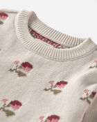 Toddler Girl Organic Cotton Sweater Knit Pullover in Floral Jacquard, image 3 of 5 slides