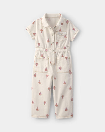 Toddler Girl Floral Short-Sleeve Twill Jumpsuit - Cream, 