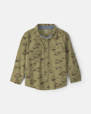 Boys Western Canvas Button-Down Shirt - Olive Green, 