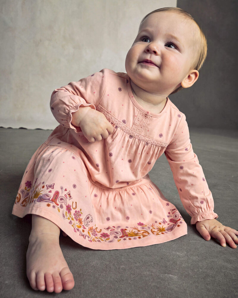B&eacute;b&eacute; fille - Robe manches longues en serg&eacute; en motif floral &ndash; Rose, image 2 sur 4 diapositives
