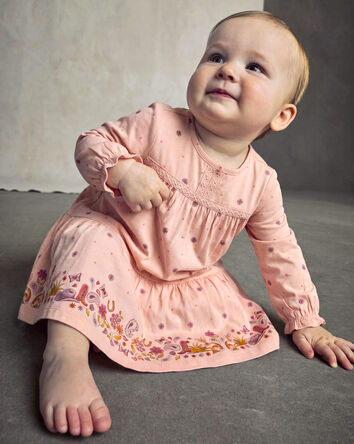 B&eacute;b&eacute; fille - Robe manches longues en serg&eacute; en motif floral &ndash; Rose, 