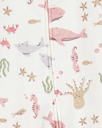 Baby Aquatic Animals Print 2-Way Zip Cotton Sleeper Pyjamas - Ivory, 