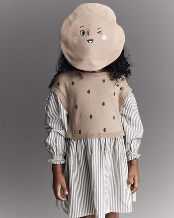 Toddler Girl Beret with Face Graphic - Tan, 