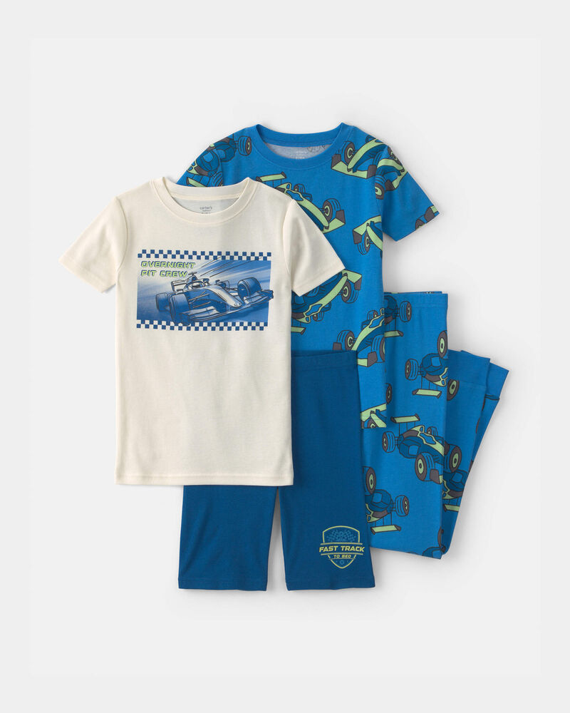 Boys Race Car 100% Cotton 4-Piece Pyjama Set - Blue/White, image 1 of 4 slides