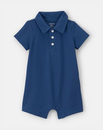 Baby Boy Pique Polo Short-Sleeve Romper - Navy Blue, 