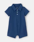 Baby Boy Pique Polo Short-Sleeve Romper - Navy Blue, image 1 of 3 slides